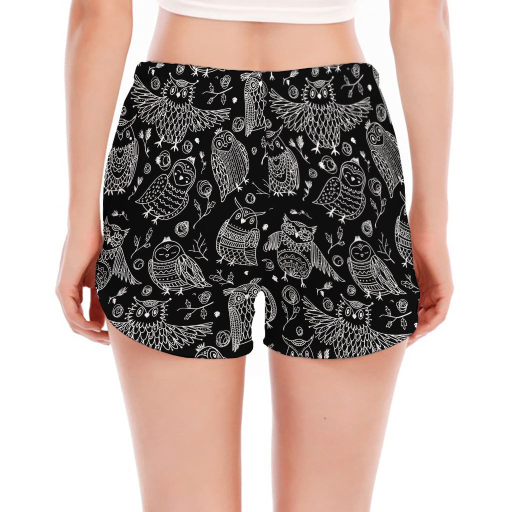 Black And White Owl Pattern Print Women's Split Running Shorts