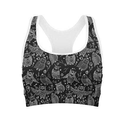 Black And White Owl Pattern Print Women's Sports Bra