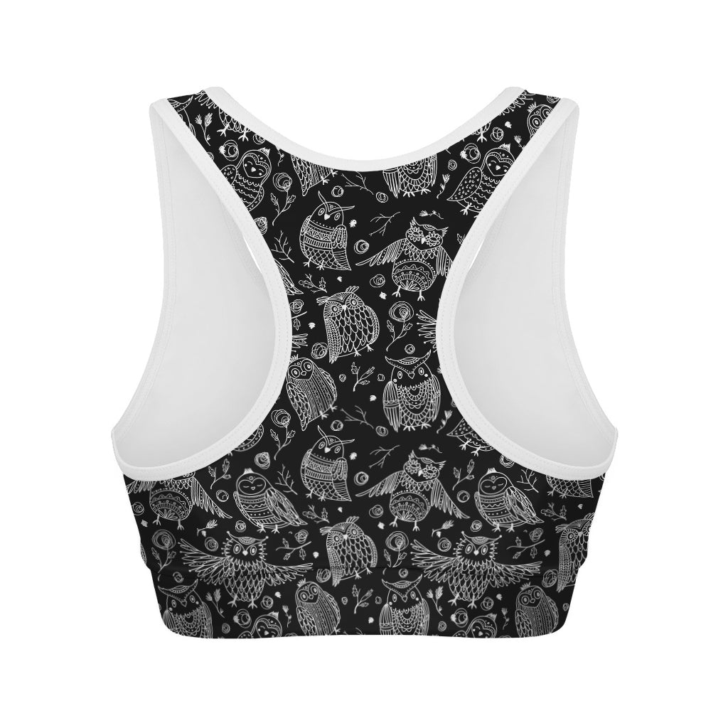 Black And White Owl Pattern Print Women's Sports Bra