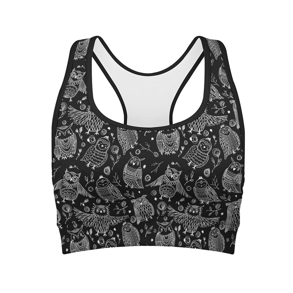Black And White Owl Pattern Print Women's Sports Bra