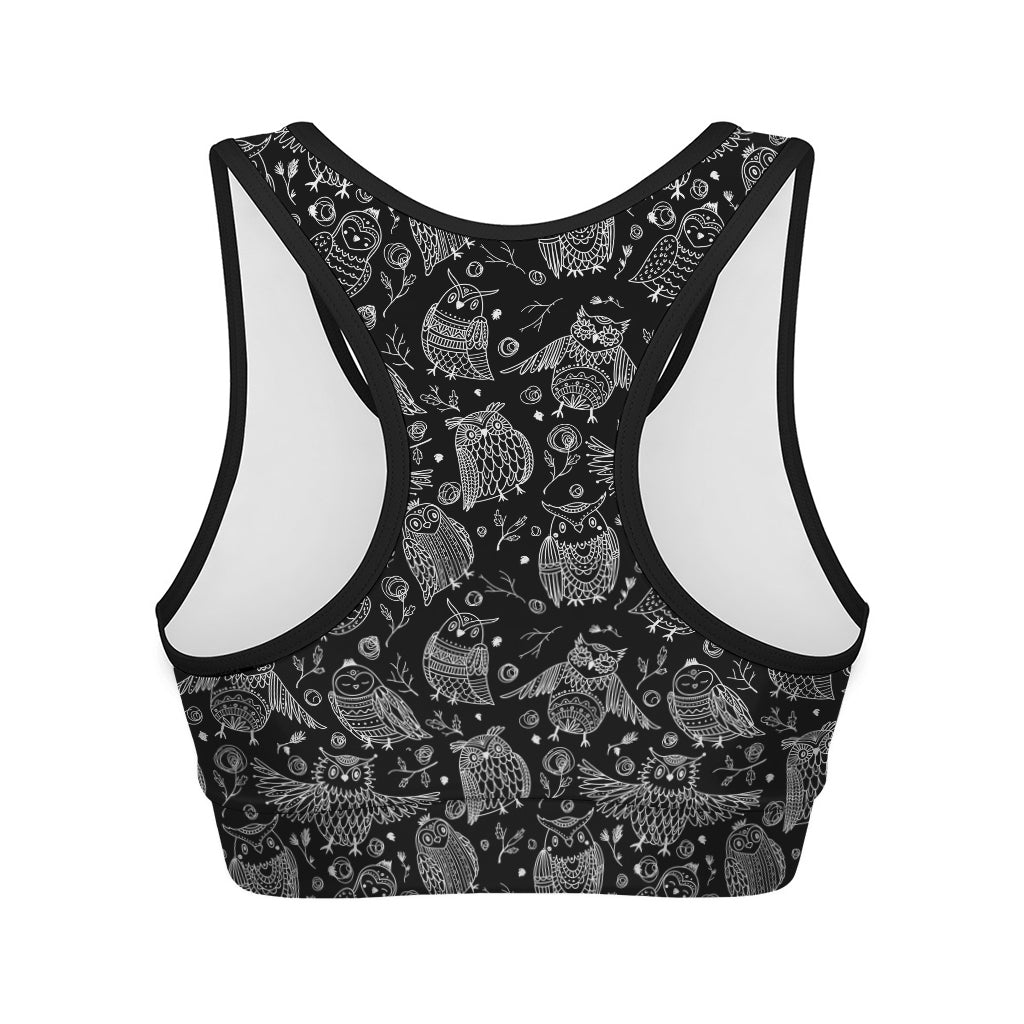 Black And White Owl Pattern Print Women's Sports Bra