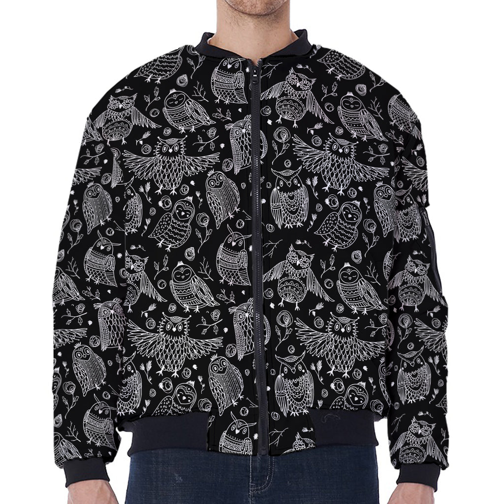Black And White Owl Pattern Print Zip Sleeve Bomber Jacket