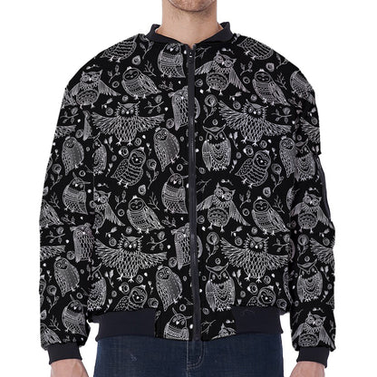 Black And White Owl Pattern Print Zip Sleeve Bomber Jacket