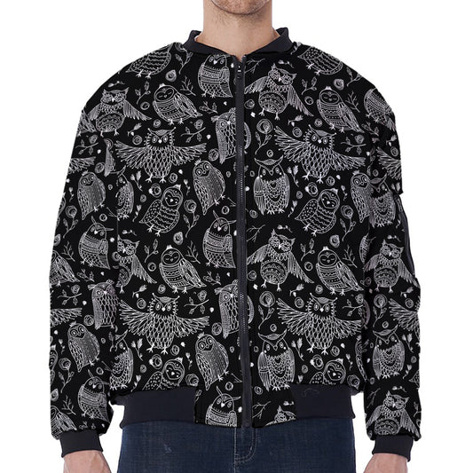 Black And White Owl Pattern Print Zip Sleeve Bomber Jacket