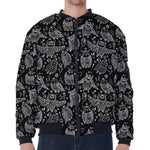Black And White Owl Pattern Print Zip Sleeve Bomber Jacket