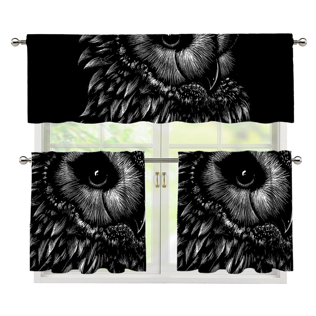 Black And White Owl Print 3 Piece Kitchen Curtains