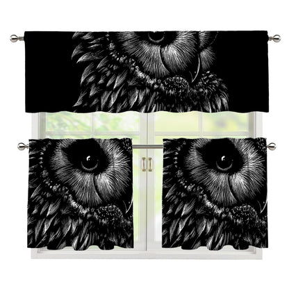 Black And White Owl Print 3 Piece Kitchen Curtains