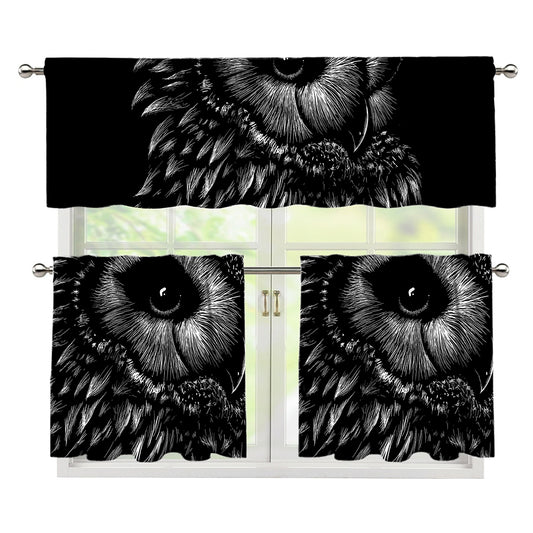 Black And White Owl Print 3 Piece Kitchen Curtains
