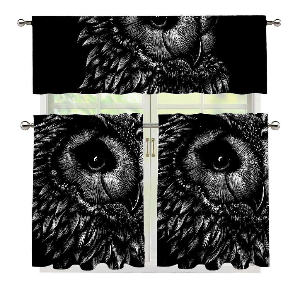 Black And White Owl Print 3 Piece Kitchen Curtains