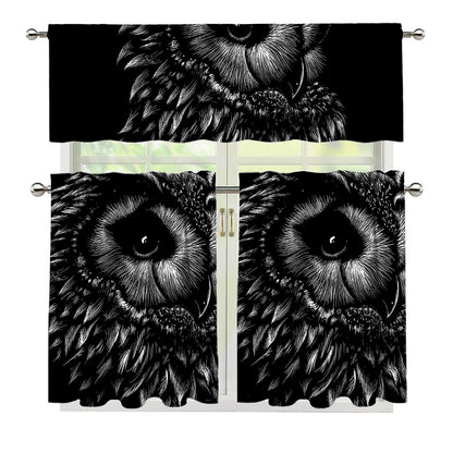 Black And White Owl Print 3 Piece Kitchen Curtains