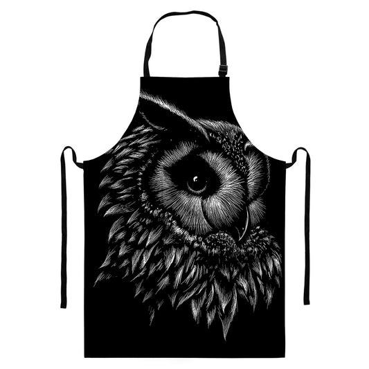 Black And White Owl Print Bib Apron With Pocket