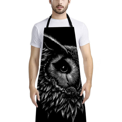 Black And White Owl Print Bib Apron With Pocket