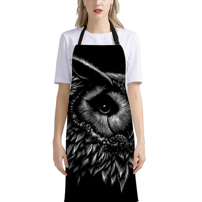 Black And White Owl Print Bib Apron With Pocket