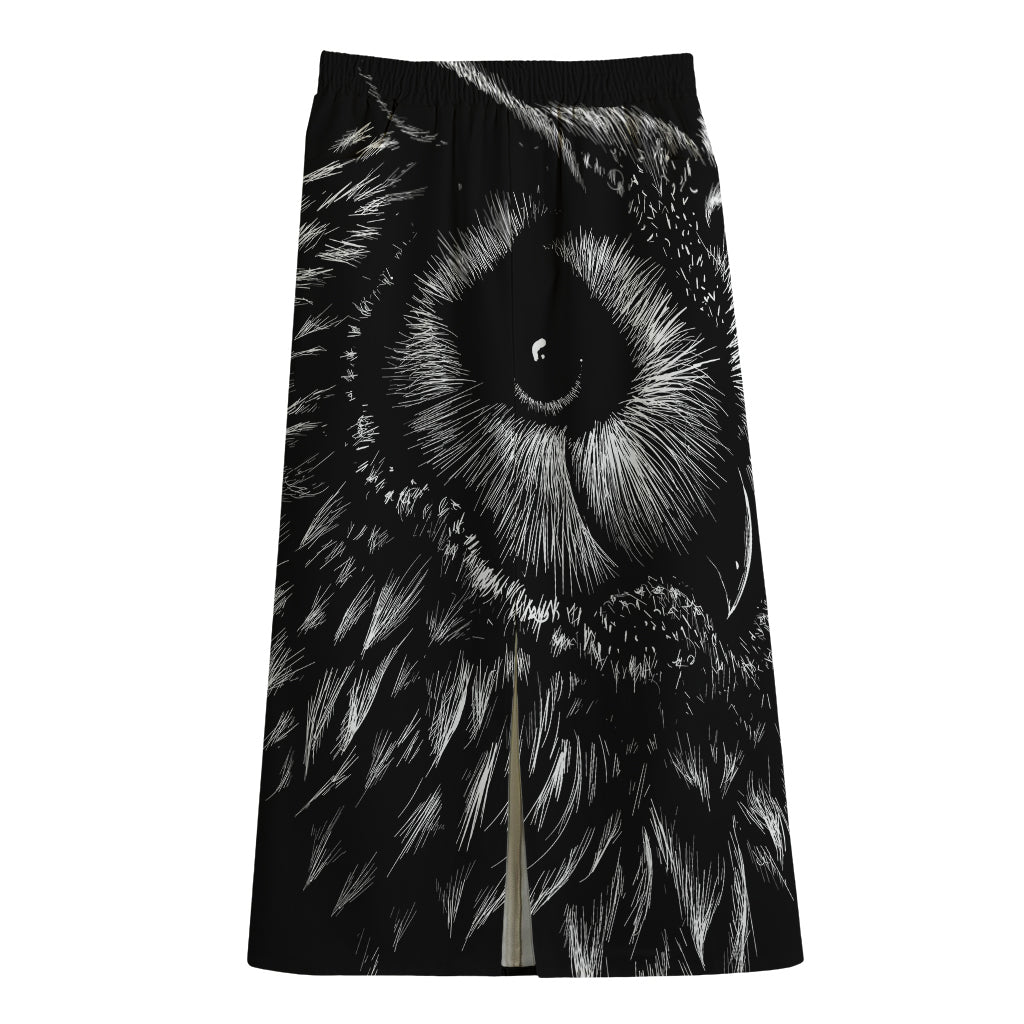 Black And White Owl Print Cotton Front Slit Maxi Skirt
