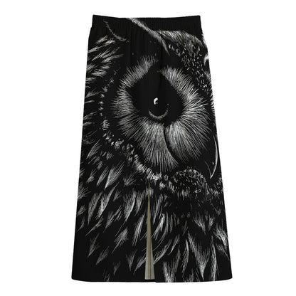 Black And White Owl Print Cotton Front Slit Maxi Skirt