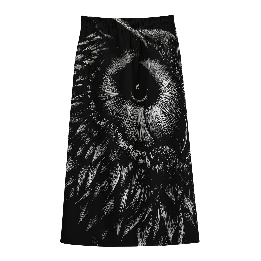 Black And White Owl Print Cotton Front Slit Maxi Skirt