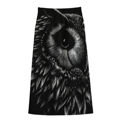 Black And White Owl Print Cotton Front Slit Maxi Skirt
