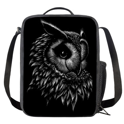 Black And White Owl Print Crossbody Lunch Bag