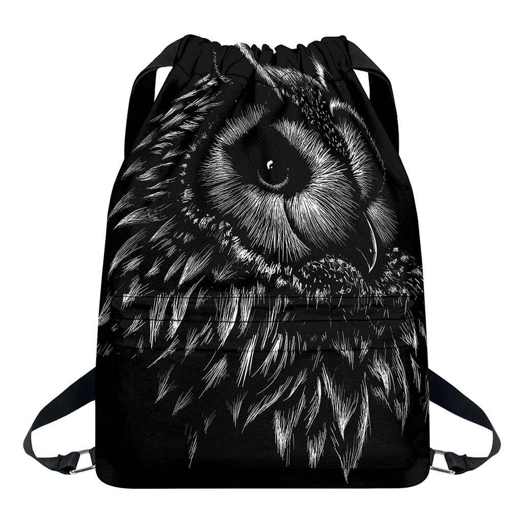 Black And White Owl Print Drawstring Backpack