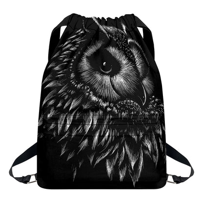 Black And White Owl Print Drawstring Backpack