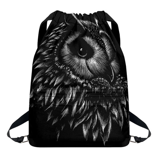 Black And White Owl Print Drawstring Backpack