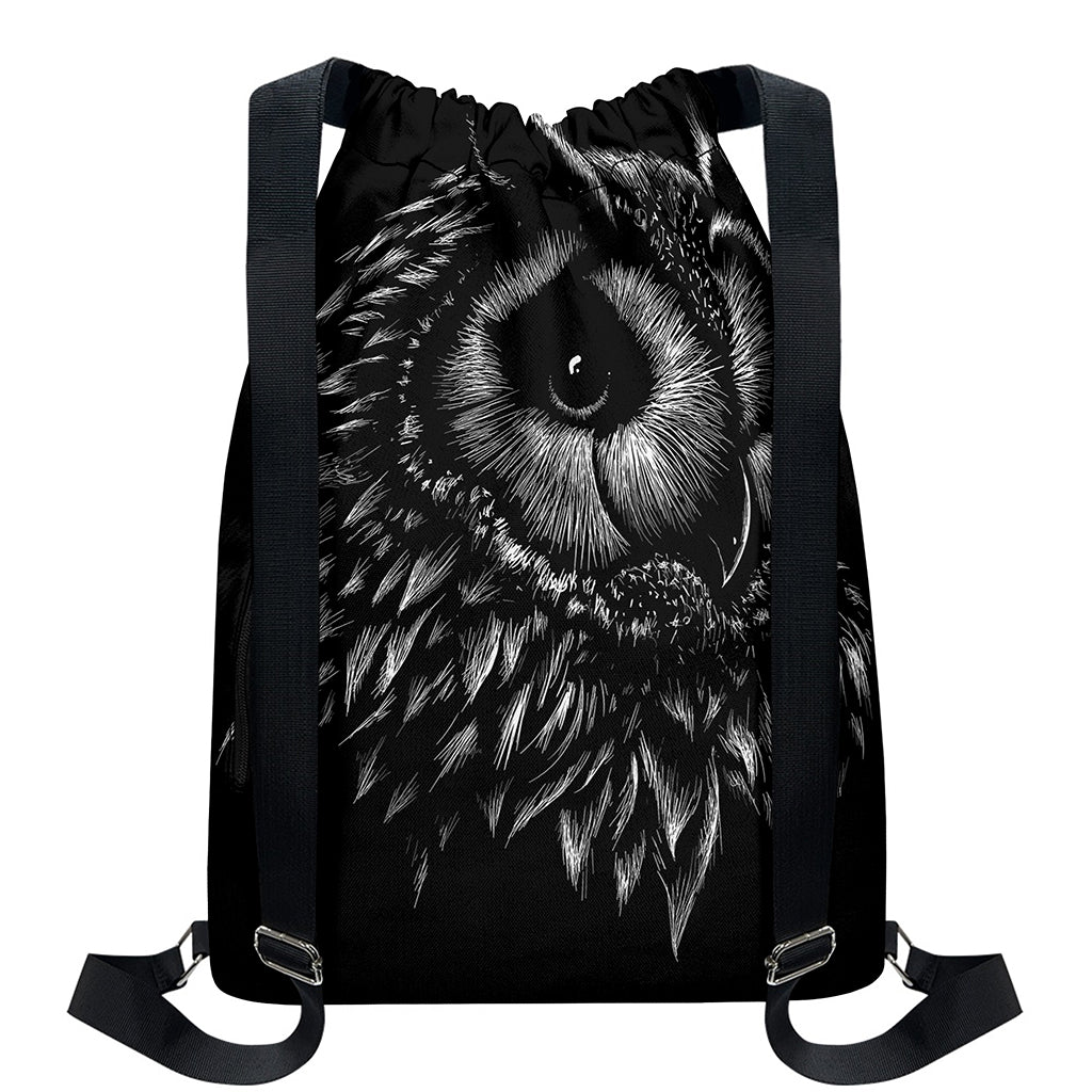 Black And White Owl Print Drawstring Backpack