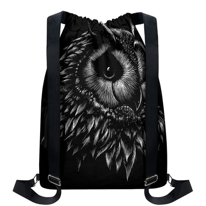Black And White Owl Print Drawstring Backpack