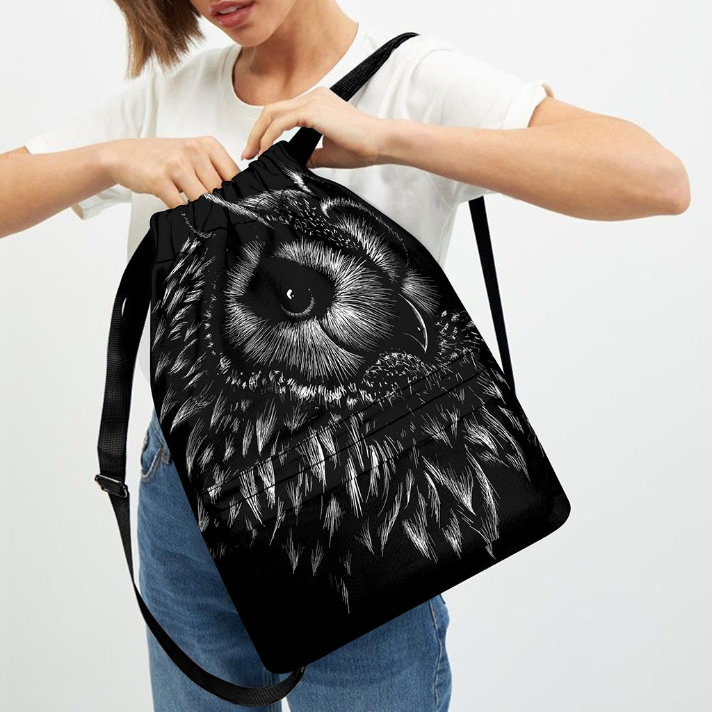 Black And White Owl Print Drawstring Backpack