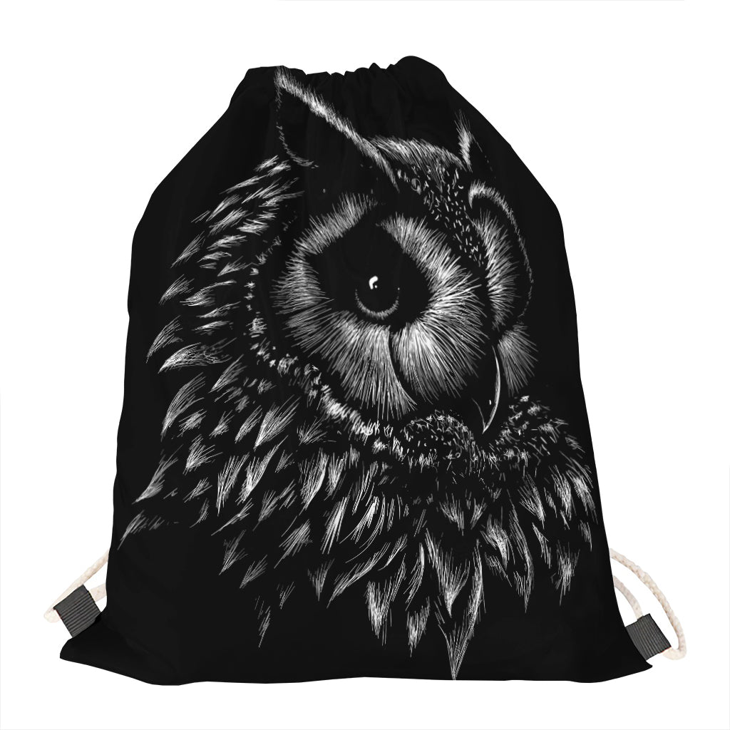 Black And White Owl Print Drawstring Bag
