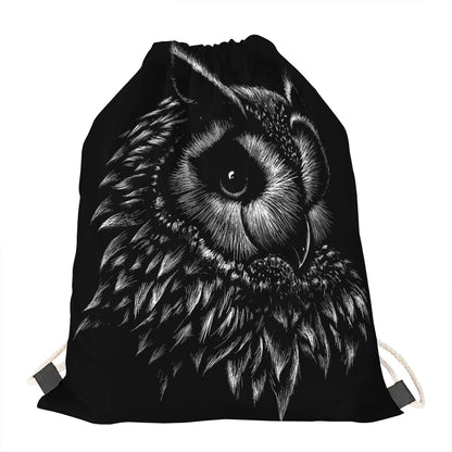 Black And White Owl Print Drawstring Bag