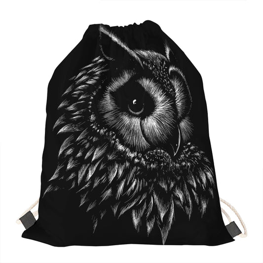 Black And White Owl Print Drawstring Bag