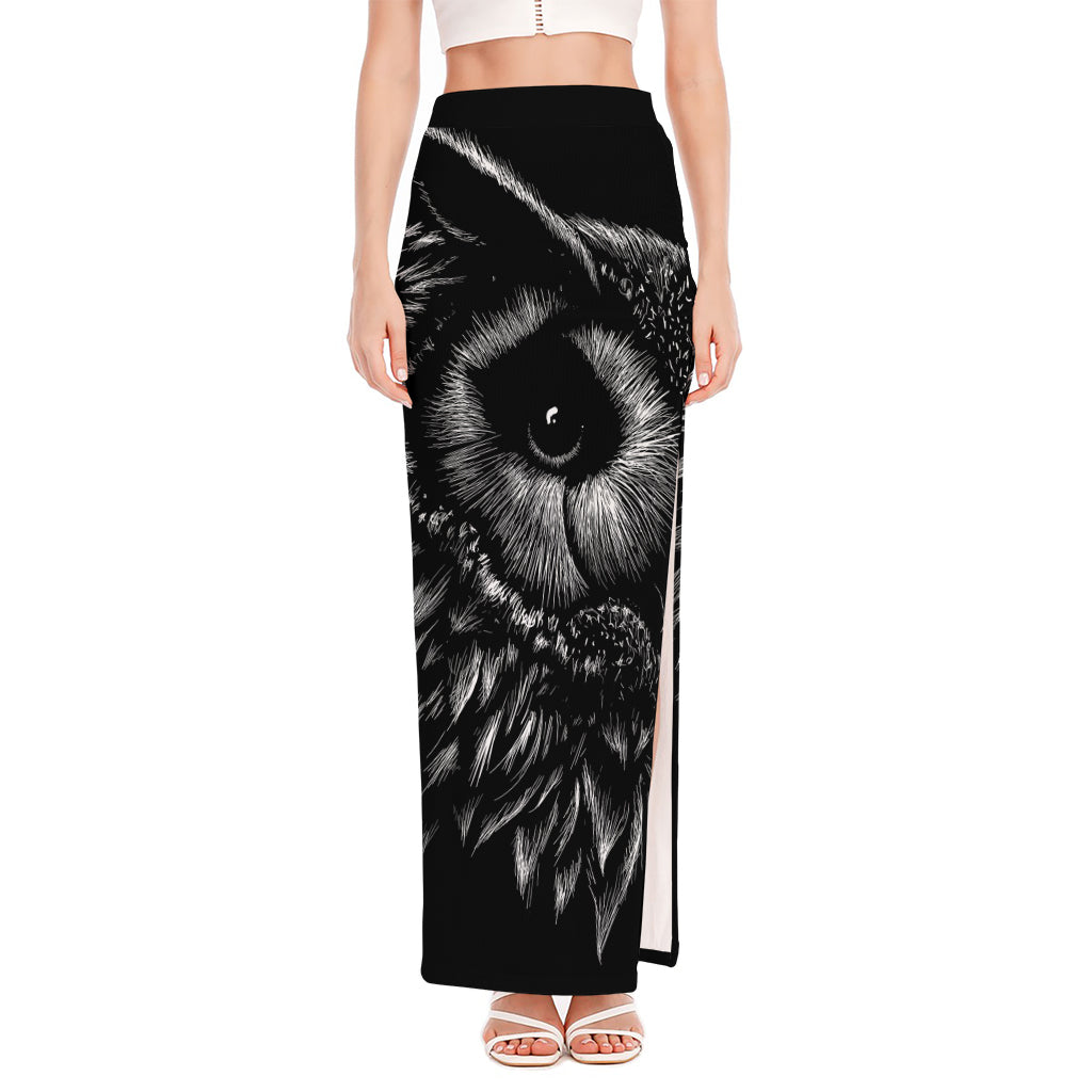 Black And White Owl Print High Slit Maxi Skirt