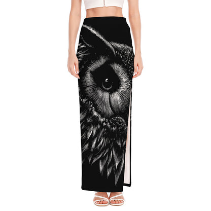 Black And White Owl Print High Slit Maxi Skirt