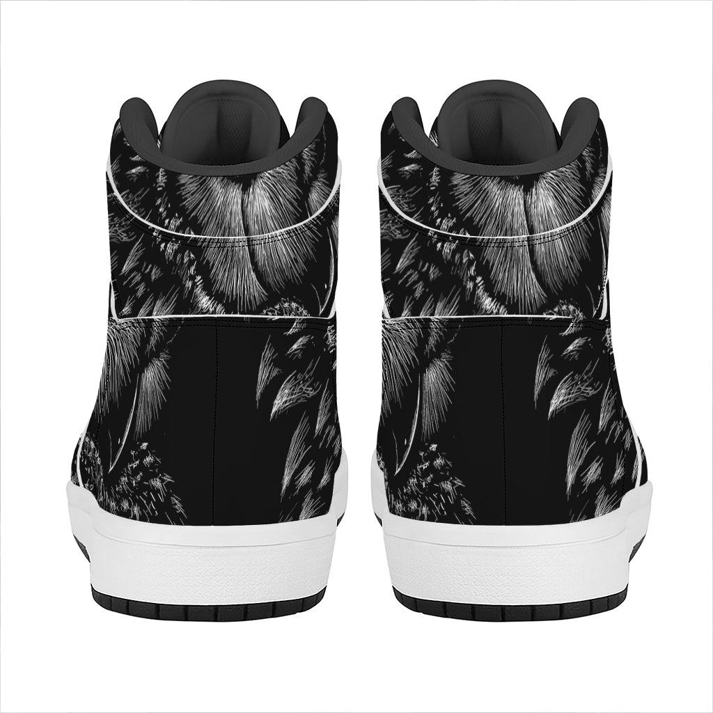 Black And White Owl Print High Top Leather Sneakers
