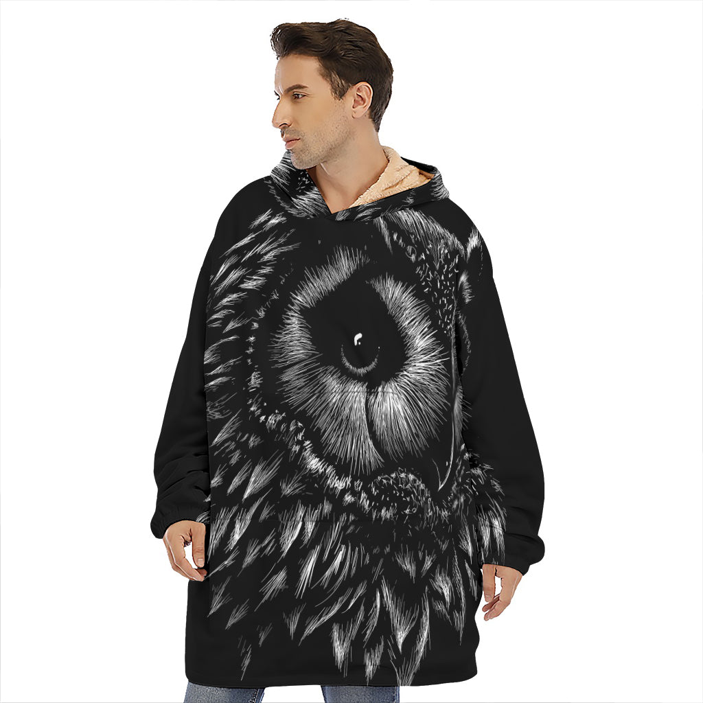 Black And White Owl Print Hoodie Blanket