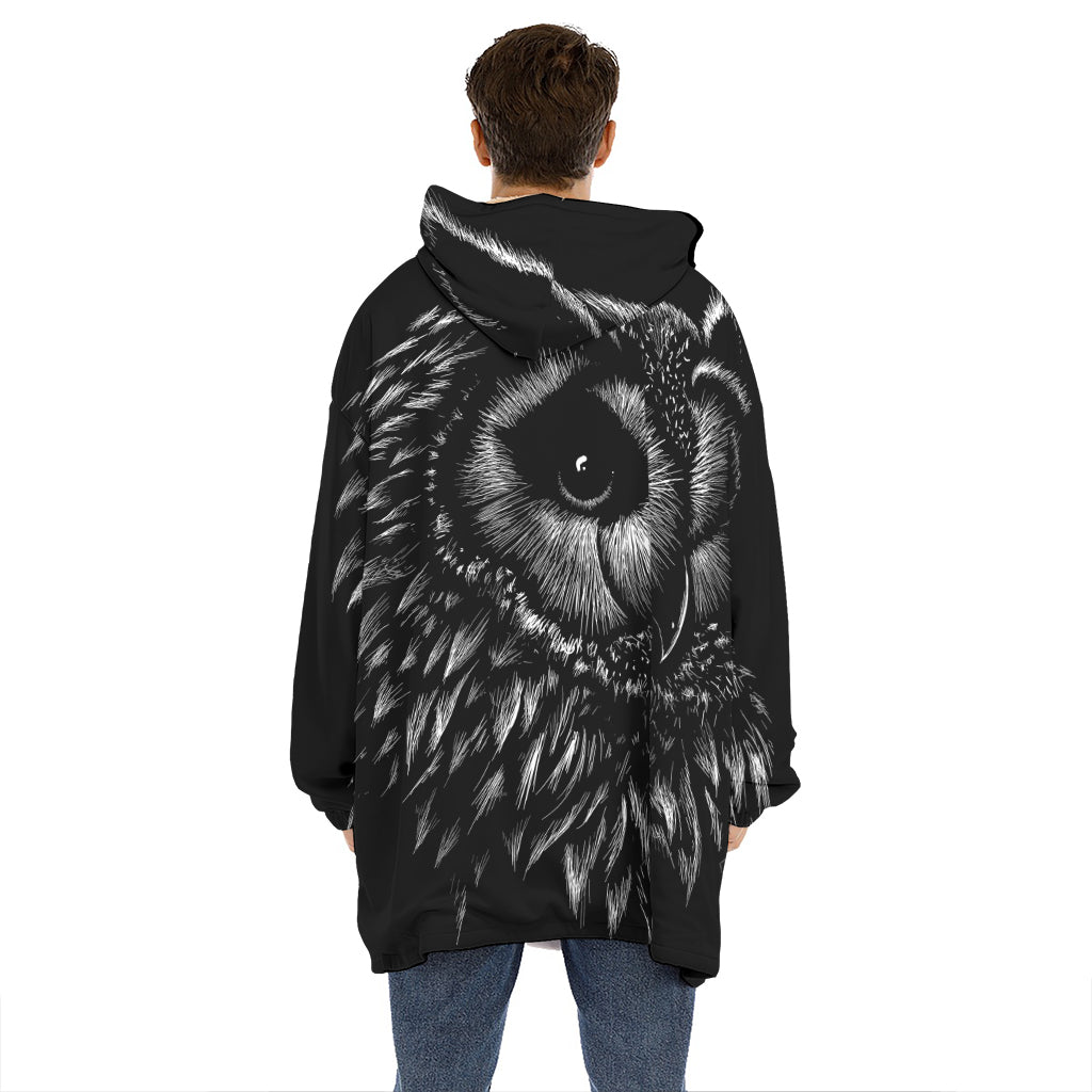 Black And White Owl Print Hoodie Blanket