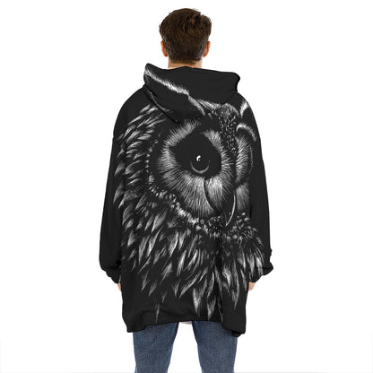 Black And White Owl Print Hoodie Blanket