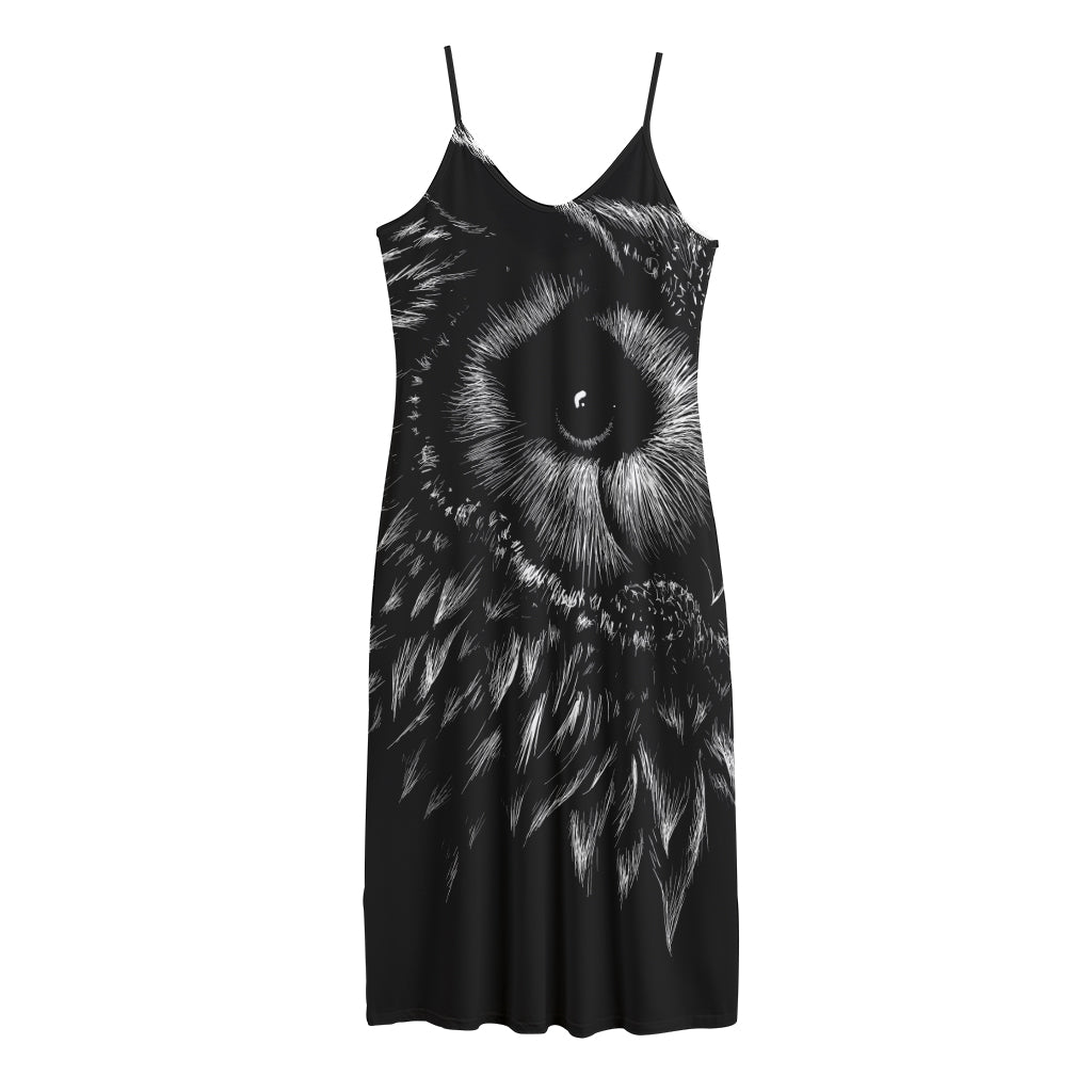 Black And White Owl Print Jersey Midi Cami Dress