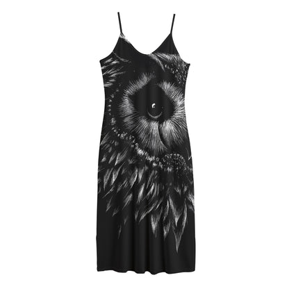 Black And White Owl Print Jersey Midi Cami Dress