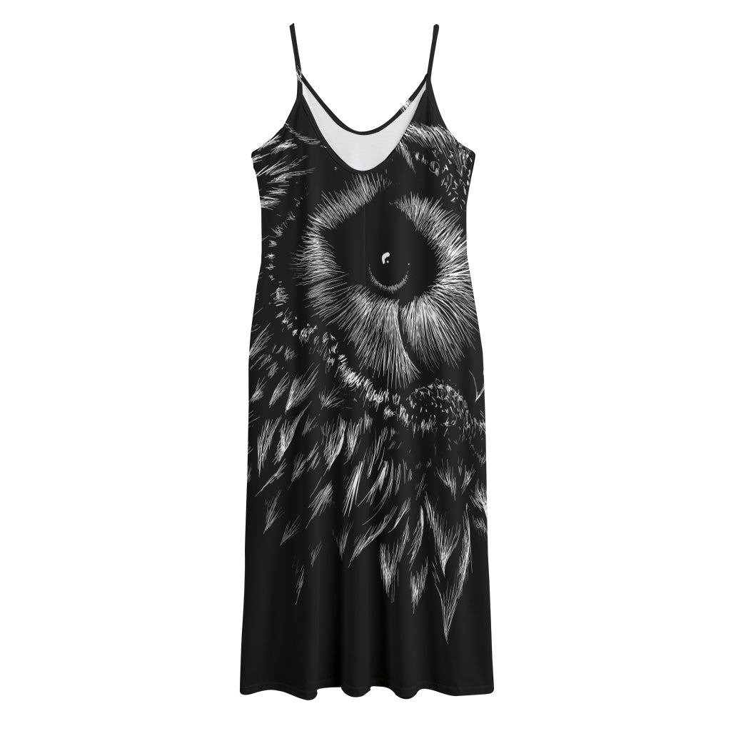 Black And White Owl Print Jersey Midi Cami Dress