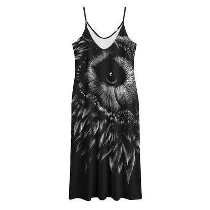 Black And White Owl Print Jersey Midi Cami Dress
