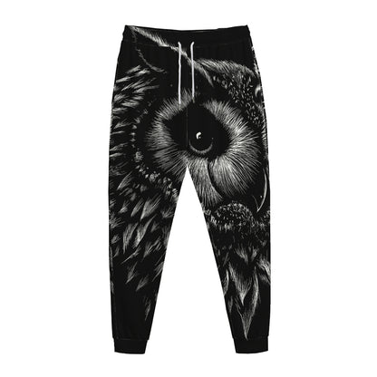 Black And White Owl Print Jogger Pants