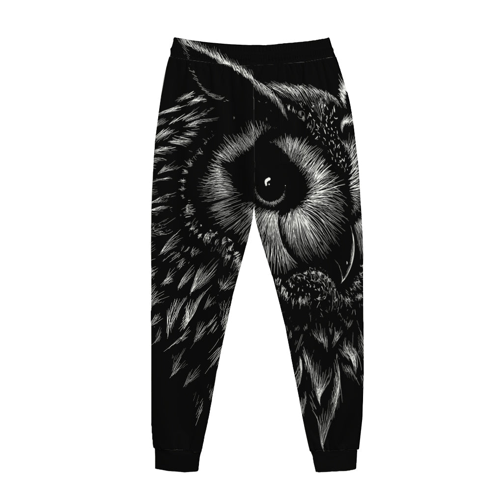 Black And White Owl Print Jogger Pants