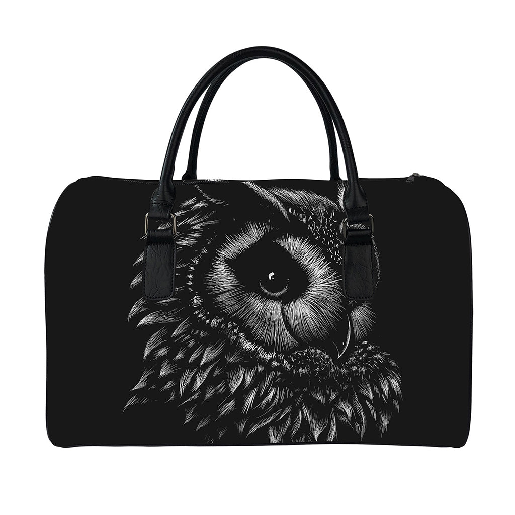 Black And White Owl Print Leather Duffle Bag