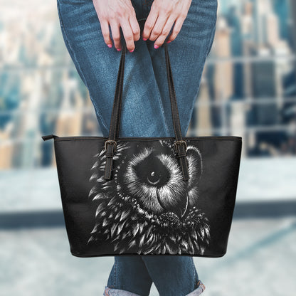 Black And White Owl Print Leather Tote Bag