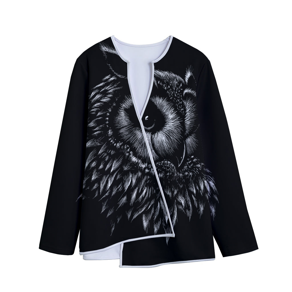 Black And White Owl Print Long Sleeve Short Coat