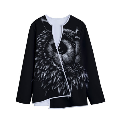 Black And White Owl Print Long Sleeve Short Coat