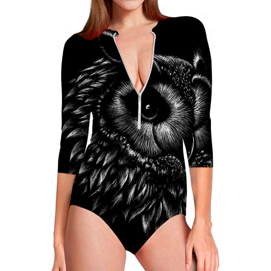 Black And White Owl Print Long Sleeve Swimsuit