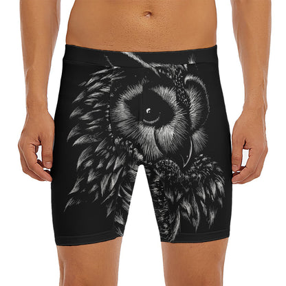 Black And White Owl Print Men's Long Boxer Briefs