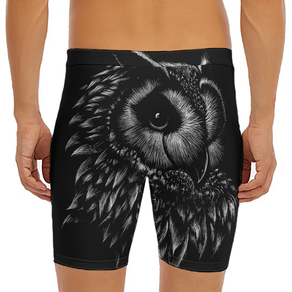Black And White Owl Print Men's Long Boxer Briefs